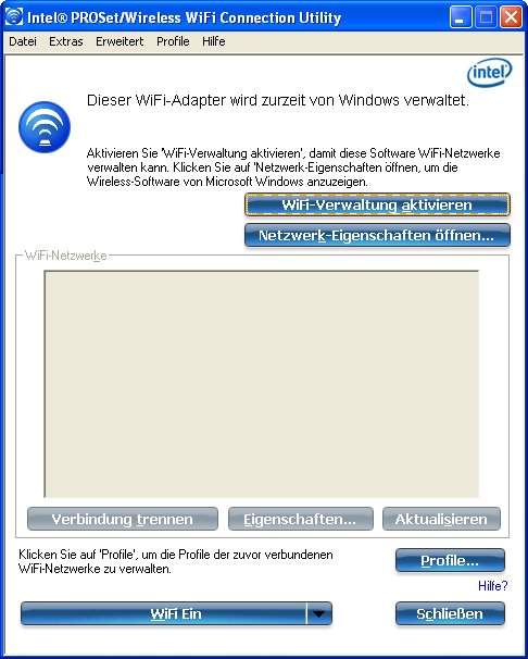 Intel(R) PROSet/Wireless WiFi Connection Utility verwenden