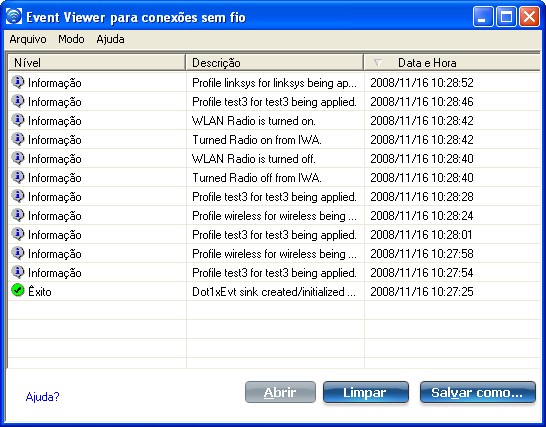 Event Viewer para conexões sem fio